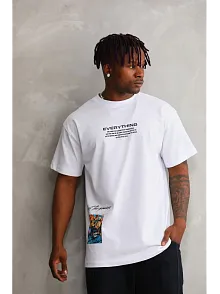 Erkek Bisiklet Yaka Baskılı Oversize T-shirt - Beyaz