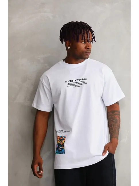 Erkek Bisiklet Yaka Baskılı Oversize T-shirt - Beyaz