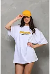 Kadın Bisiklet Yaka Baskılı Oversize T-shirt - Beyaz