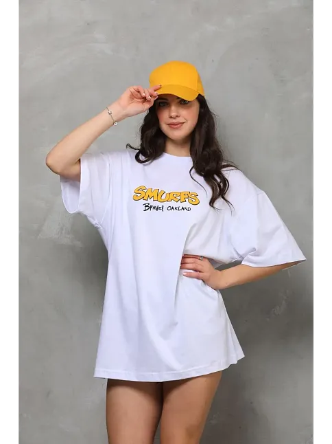 Kadın Bisiklet Yaka Baskılı Oversize T-shirt - Beyaz