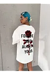 Kadın Bisiklet Yaka Baskılı Oversize Kısa Kol  T-shirt - Beyaz