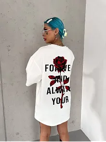Kadın Bisiklet Yaka Baskılı Oversize Kısa Kol  T-shirt - Beyaz