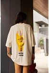 Kadın Bisiklet Yaka Baskılı Oversize  Kısa Kol T-shirt - Beyaz