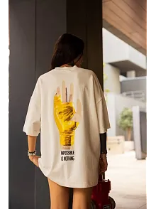 Kadın Bisiklet Yaka Baskılı Oversize  Kısa Kol T-shirt - Beyaz