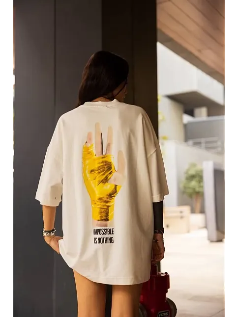 Kadın Bisiklet Yaka Baskılı Oversize  Kısa Kol T-shirt - Beyaz