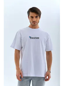Erkek Kısa Kol Yazlık Tişört Bisiklet Yaka Kelebek Baskılı T-shirt - Beyaz