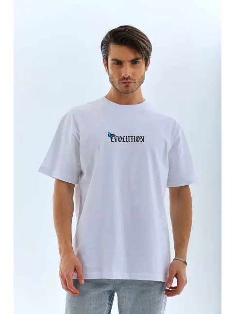 Erkek Kısa Kol Yazlık Tişört Bisiklet Yaka Kelebek Baskılı T-shirt - Beyaz