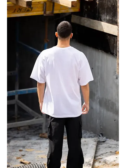 Erkek Kısa Kol Yazlık Tişört Bisiklet Yaka Baskılı Oversize T-shirt - Beyaz