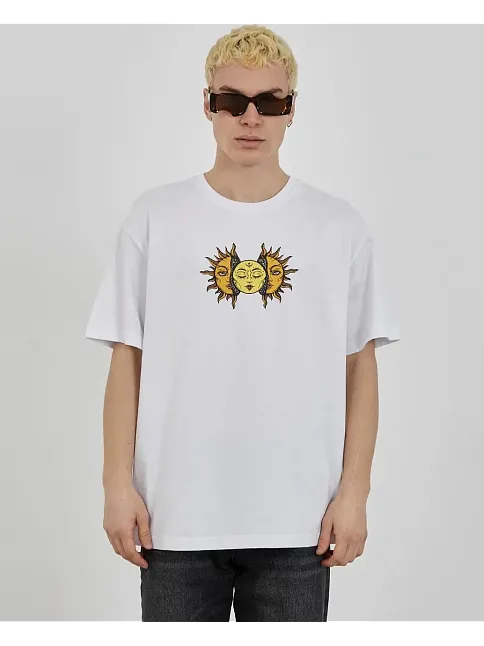 Erkek Kısa Kol Yazlık Tişört Bisiklet Yaka Baskılı Oversize T-shirt - Beyaz