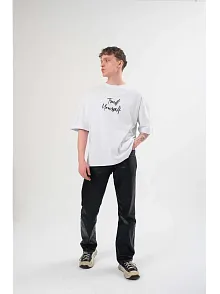 Erkek Kısa Kol Yazlık Tişört Bisiklet Yaka Baskılı Oversize T-shirt -  Beyaz