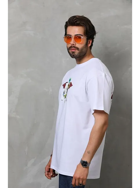 Erkek Baskılı T-shirt Kısa Kol Bisiklet Yaka Regular Fit Rahat Kalıp Tişört -  Beyaz