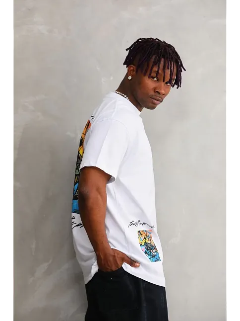 Erkek Bisiklet Yaka Baskılı Oversize T-shirt - Beyaz