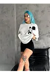 Kadın Bisiklet Yaka Baskılı Oversize  Kısa Kol T-shirt - Beyaz