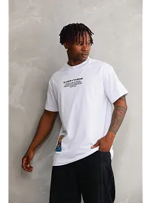 Erkek Bisiklet Yaka Baskılı Oversize T-shirt - Beyaz