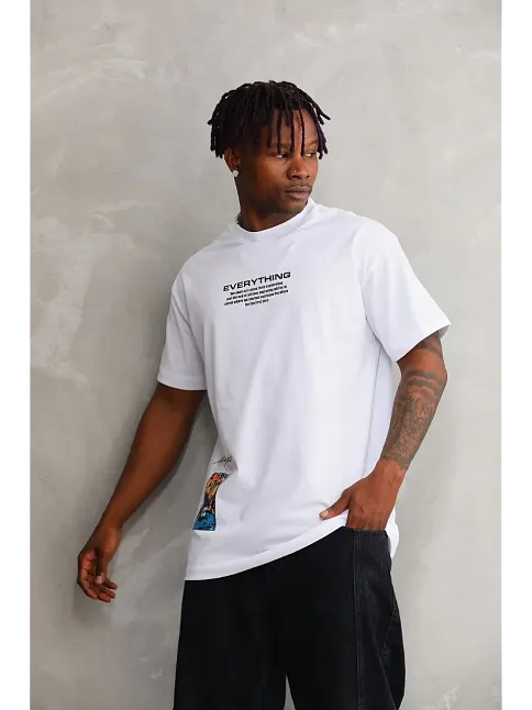 Erkek Bisiklet Yaka Baskılı Oversize T-shirt - Beyaz