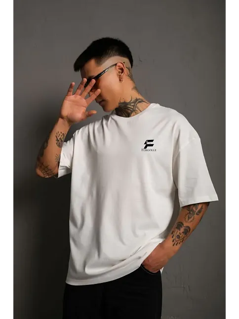 Erkek Kısa Kol Yazlık Tişört Bisiklet Yaka Baskılı Oversize T-shirt - Beyaz
