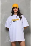 Kadın Bisiklet Yaka Baskılı Oversize T-shirt - Beyaz