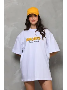 Kadın Bisiklet Yaka Baskılı Oversize T-shirt - Beyaz