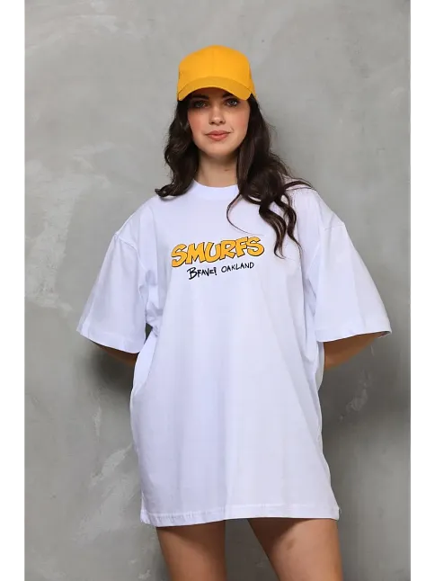Kadın Bisiklet Yaka Baskılı Oversize T-shirt - Beyaz