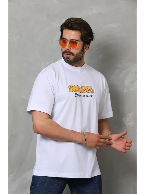 Erkek Kısa Kol Yazlık Tişört Bisiklet Yaka Baskılı Oversize T-shirt - Beyaz
