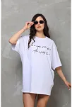 Kadın Kısa Kol Yazlık Tişört Bisiklet Yaka Baskılı Oversize T-shirt - Beyaz