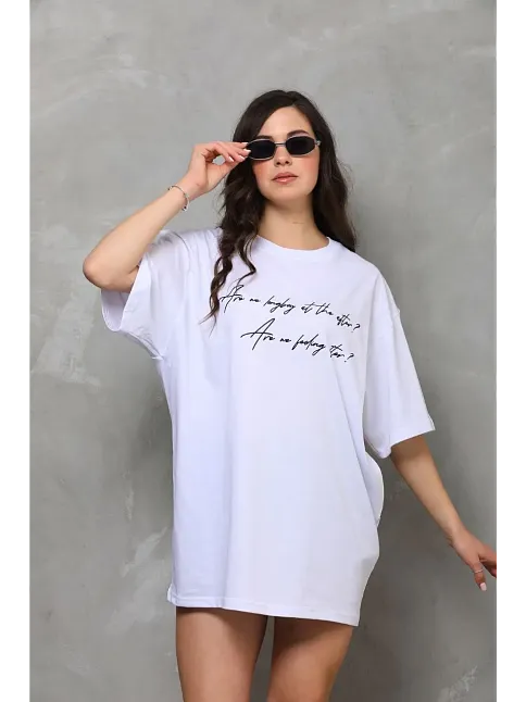 Kadın Kısa Kol Yazlık Tişört Bisiklet Yaka Baskılı Oversize T-shirt - Beyaz