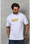 Erkek Kısa Kol Yazlık Tişört Bisiklet Yaka Baskılı Oversize T-shirt - Beyaz
