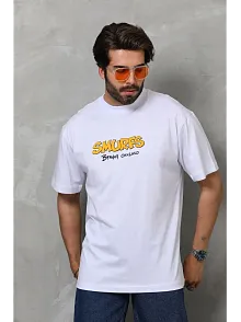 Erkek Kısa Kol Yazlık Tişört Bisiklet Yaka Baskılı Oversize T-shirt - Beyaz