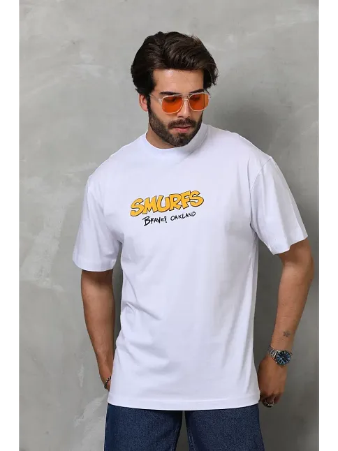 Erkek Kısa Kol Yazlık Tişört Bisiklet Yaka Baskılı Oversize T-shirt - Beyaz