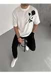 Erkek Kısa Kol Tişört Bisiklet Yaka Gül Baskılı Oversize T-shirt - Beyaz