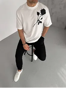 Erkek Kısa Kol Tişört Bisiklet Yaka Gül Baskılı Oversize T-shirt - Beyaz