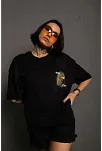 Kadın Bisiklet Yaka Baskılı Oversize Kısa Kol T-shirt - Siyah