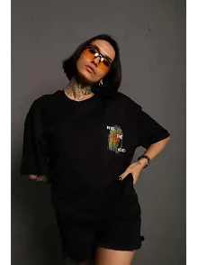 Kadın Bisiklet Yaka Baskılı Oversize Kısa Kol T-shirt - Siyah