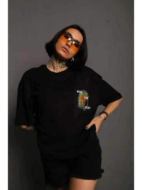 Kadın Bisiklet Yaka Baskılı Oversize Kısa Kol T-shirt - Siyah
