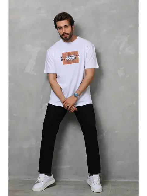 Erkek Baskılı T-shirt Kısa Kol Bisiklet Yaka Regular Fit Rahat Kalıp Tişört -  Beyaz