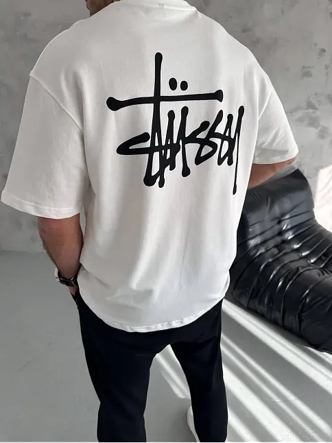 Erkek Tişört Bisiklet Yaka Baskılı Oversize Kısa Kol T-shirt - Beyaz