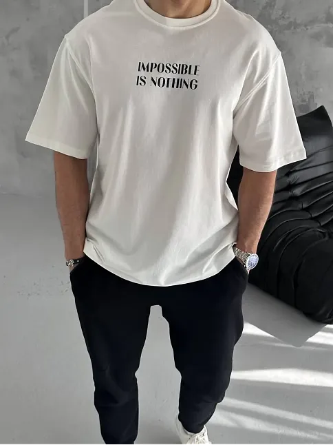 Erkek Tişört Bisiklet Yaka Baskılı Oversize Kısa Kol T-shirt - Beyaz