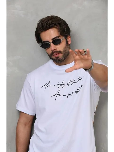 Erkek Kısa Kol Yazlık Tişört Bisiklet Yaka Baskılı Oversize T-shirt - Beyaz