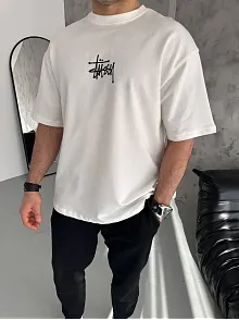 Erkek Tişört Bisiklet Yaka Baskılı Oversize Kısa Kol T-shirt - Beyaz