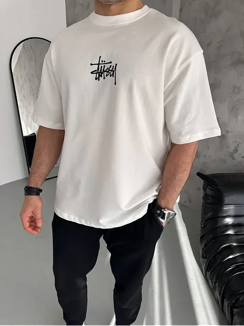 Erkek Tişört Bisiklet Yaka Baskılı Oversize Kısa Kol T-shirt - Beyaz