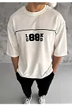 Erkek Kısa Kol Yazlık Tişört Bisiklet Yaka Baskılı Oversize T-shirt - Beyaz