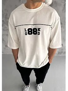 Erkek Kısa Kol Yazlık Tişört Bisiklet Yaka Baskılı Oversize T-shirt - Beyaz