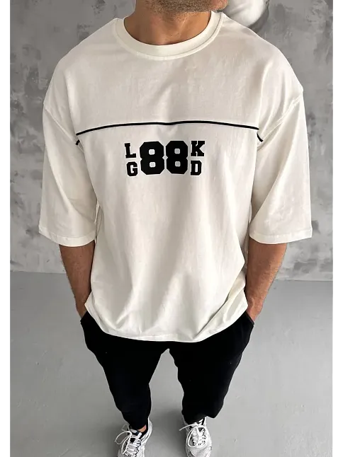 Erkek Kısa Kol Yazlık Tişört Bisiklet Yaka Baskılı Oversize T-shirt - Beyaz