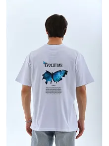 Erkek Kısa Kol Yazlık Tişört Bisiklet Yaka Kelebek Baskılı T-shirt - Beyaz