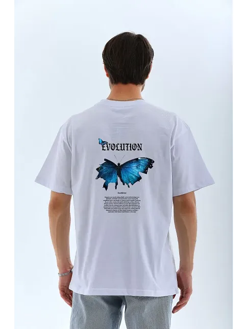 Erkek Kısa Kol Yazlık Tişört Bisiklet Yaka Kelebek Baskılı T-shirt - Beyaz