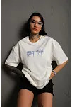 Kadın Bisiklet Yaka Baskılı Oversize Kısa Kol  T-shirt - Beyaz
