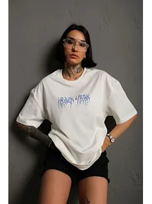 Kadın Bisiklet Yaka Baskılı Oversize Kısa Kol  T-shirt - Beyaz