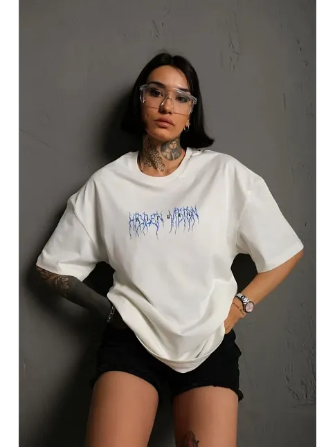 Kadın Bisiklet Yaka Baskılı Oversize Kısa Kol  T-shirt - Beyaz