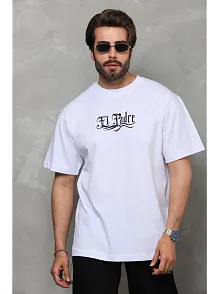 Erkek Kısa Kol Yazlık Tişört Bisiklet Yaka Baskılı Oversize T-shirt - Beyaz