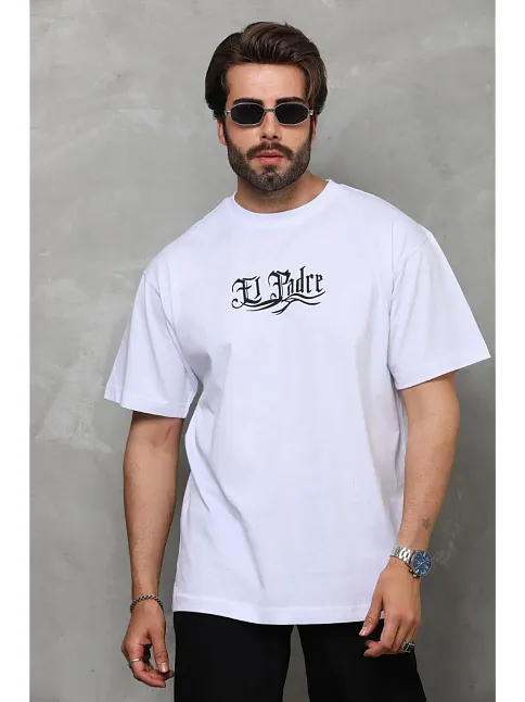 Erkek Kısa Kol Yazlık Tişört Bisiklet Yaka Baskılı Oversize T-shirt - Beyaz